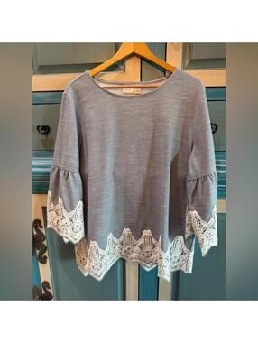 Chico's Blue Striped Top with White Lace Trim